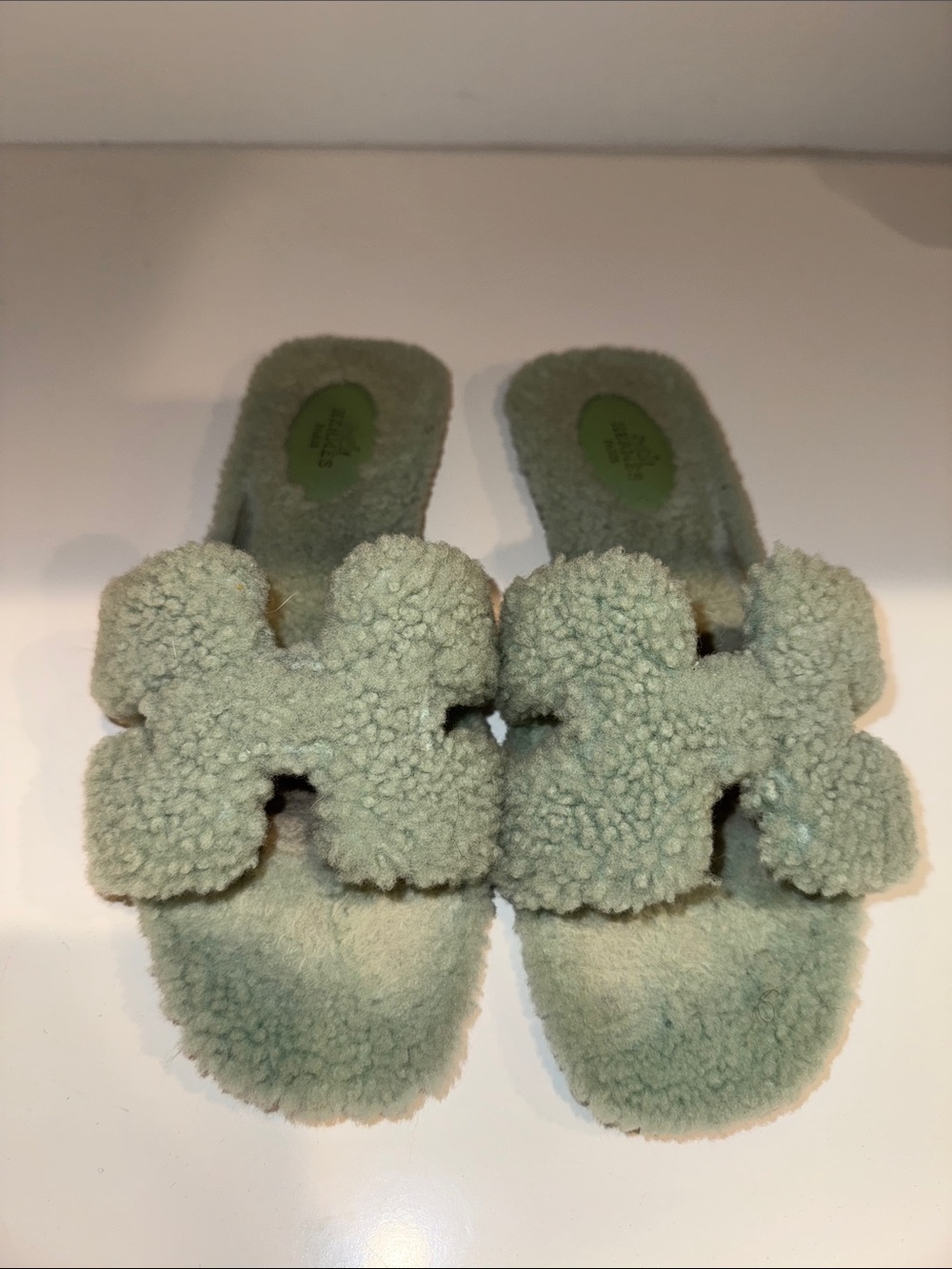 Hermes Teddy Fuzzy Slide Sandals in Sage Green with Box and dustbags 39.5
